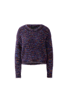Oui women's purple multicolor fuzzy crewneck knit long-sleeve knit sweater with, isolated front view