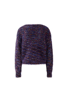 Oui women's purple multicolor fuzzy knit long-sleeve knit sweater with cropped hem shown from the back