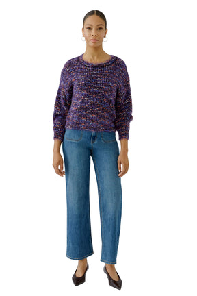 Women's full front model view of purple multicolor fuzzy cropped knit long-sleeve knit sweater with by Oui