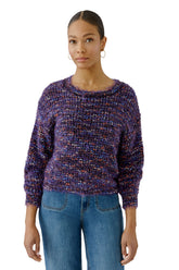 Oui women's purple multicolor fuzzy crewneck knit long-sleeve knit sweater with cropped hem, front model view