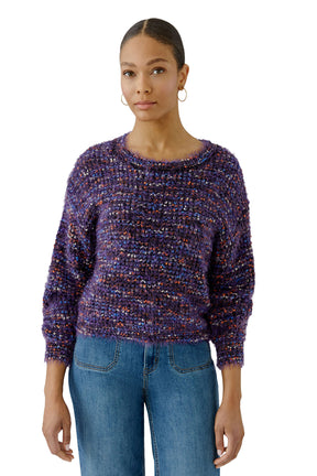 Oui women's purple multicolor fuzzy crewneck knit long-sleeve knit sweater with cropped hem, front model view