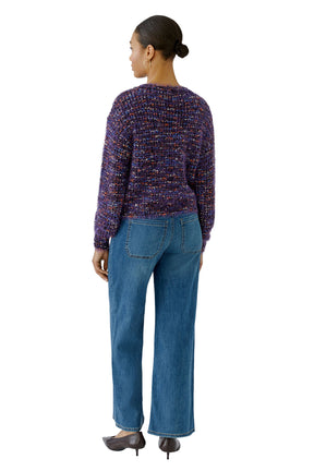 Oui women's purple multicolor fuzzy knit long-sleeve knit sweater with cropped hem and, back model view