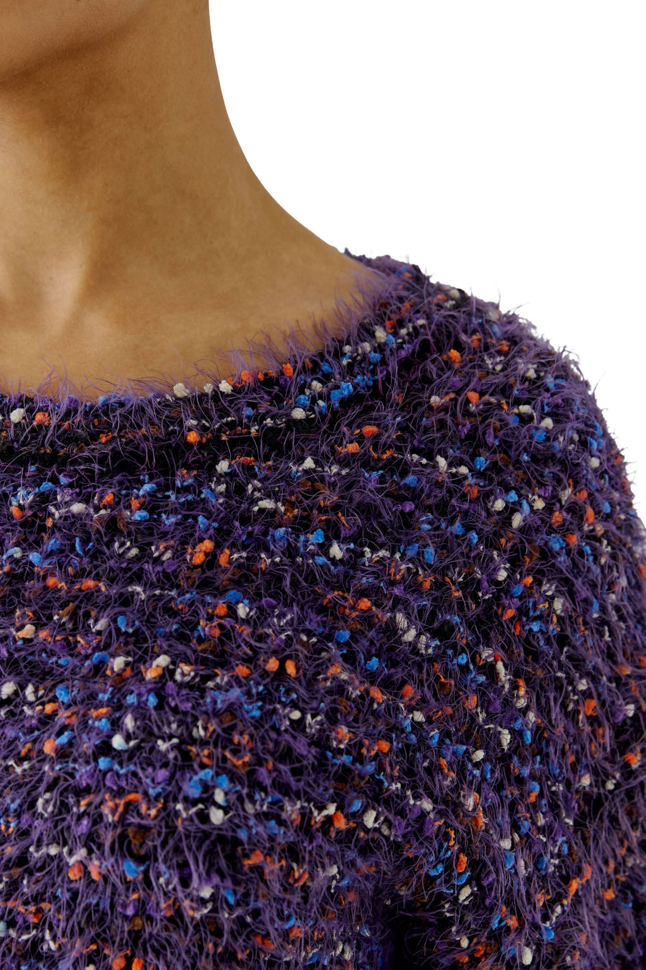 Oui women's close detail of purple fuzzy speckled knit long-sleeve knit sweater neckline with blue, orange, and cream flecks