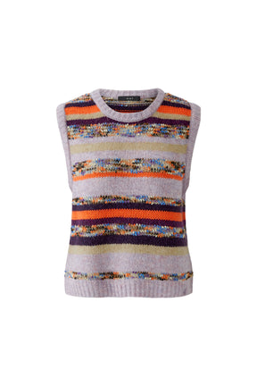 Oui women's lavender multicolor striped knit sweater vest with ribbed crew neck shown from the front