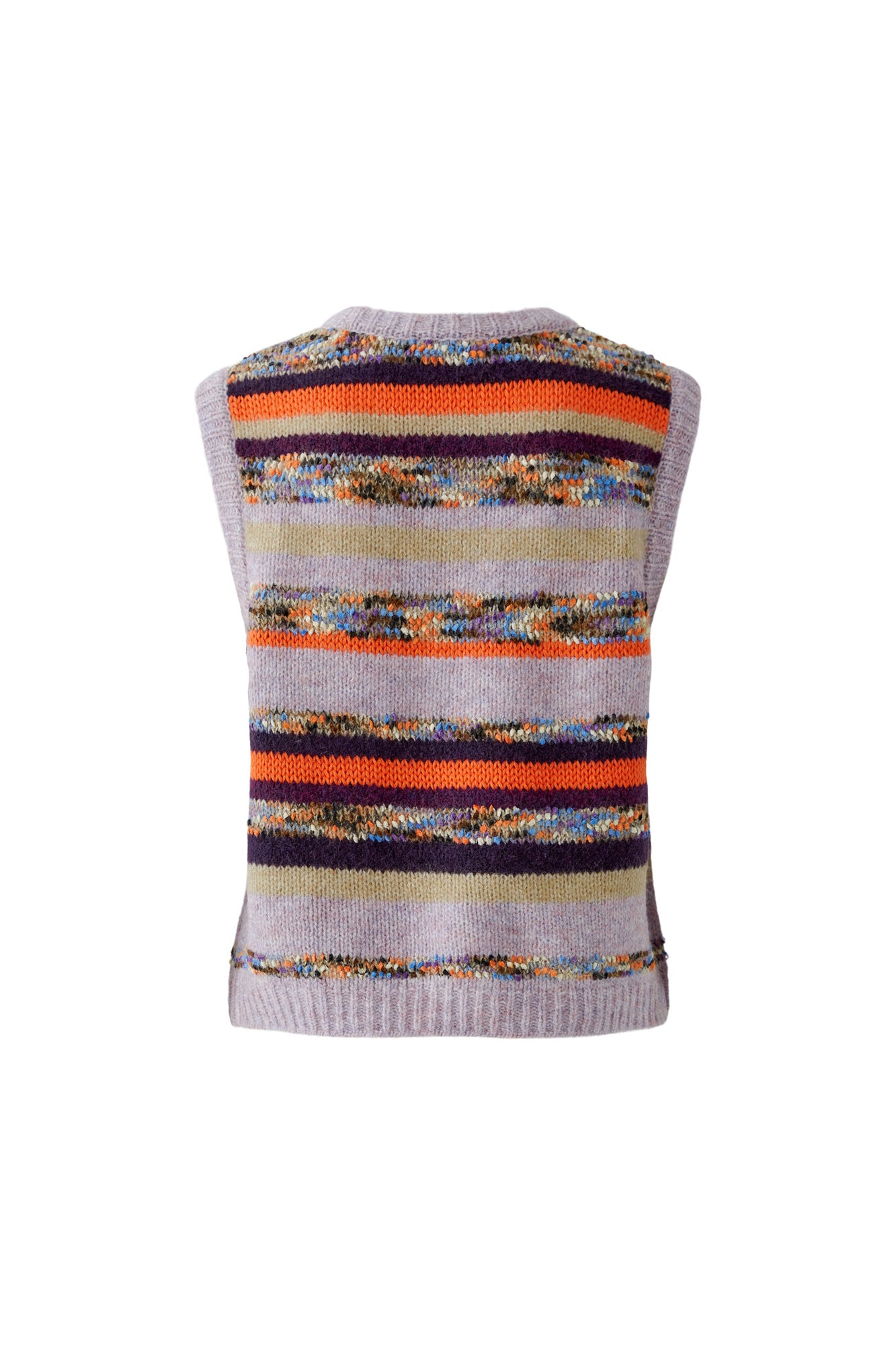 Oui women's lavender striped knit sweater vest with ribbed hem and armholes, back product view