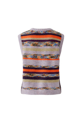Oui women's lavender striped knit sweater vest with ribbed hem and armholes, back product view