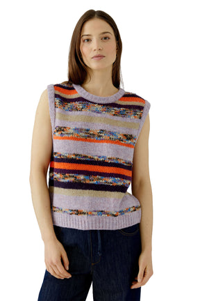Oui women's lavender striped knit sweater vest with orange and purple bands, front waist-up view