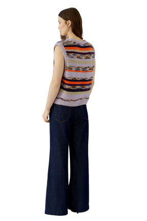 Oui women's lavender striped knit sweater vest with orange, purple and ribbed trims shown from the back