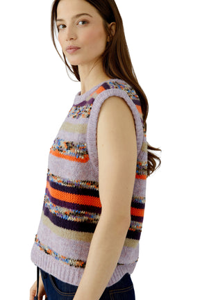 Women's side close view of lavender striped knit sweater vest showing ribbed armhole trim by Oui