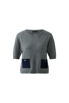 Front product view of women's gray short sleeve knit T-Shirt with denim patch pockets and ribbed trim by Oui