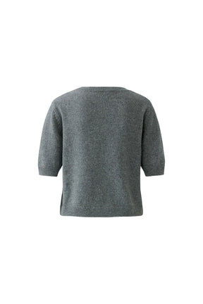 Oui women's gray short sleeve knit T-Shirt with ribbed cuffs and hem shown from the back