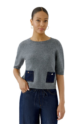 Oui women's gray short sleeve knit T-Shirt with two dark denim patch pockets, front view