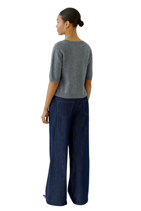 Oui women's gray short sleeve knit T-Shirt with ribbed crew neck and hem, back view