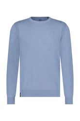 Men's light blue knit long-sleeve knit sweater front view with crew neck, and ribbed trim by Fellows