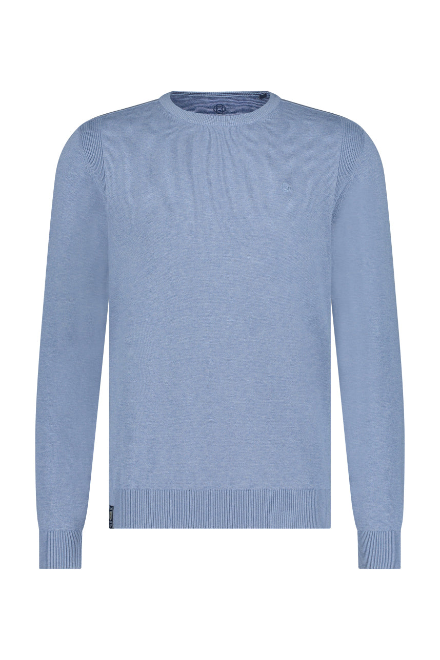 Men's light blue knit long-sleeve knit sweater front view with crew neck, and ribbed trim by Fellows