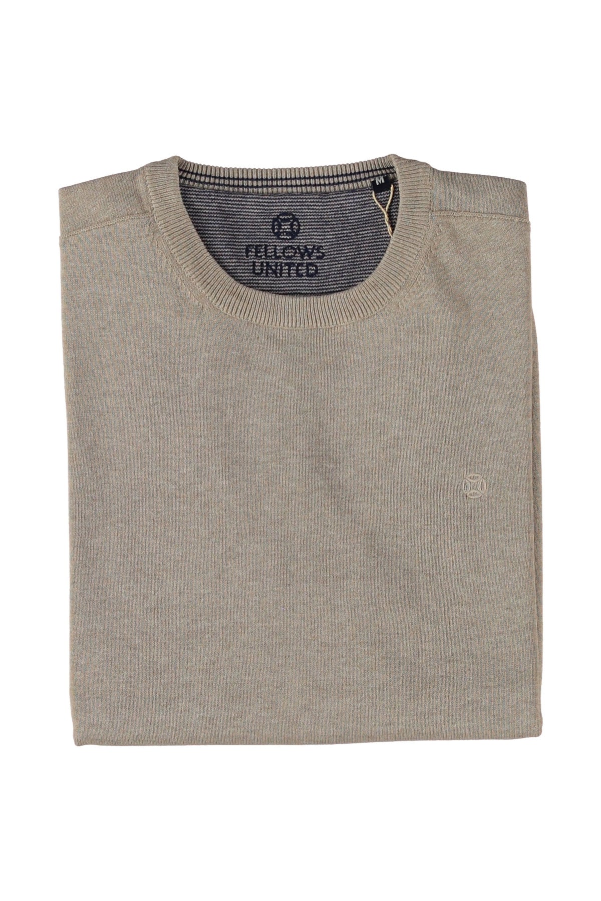 Chandail manches longues en tricot beige plié avec col rond côtelé et petit logo poitrine, vue a plat pour homme par Fellows