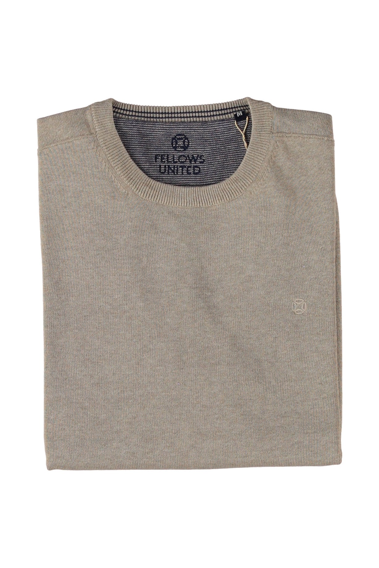 Fellows men's folded beige crewneck knit long-sleeve knit sweater showing ribbed collar and small chest logo, flat lay view