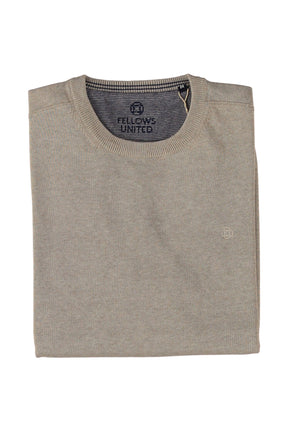 Fellows men's folded beige crewneck knit long-sleeve knit sweater showing ribbed collar and small chest logo, flat lay view