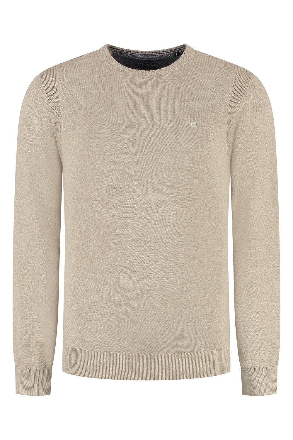 Men's beige crewneck knit long-sleeve knit sweater front view with ribbed trim and small chest logo by Fellows