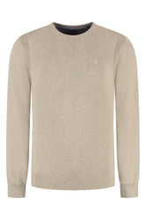 Men's beige crewneck knit long-sleeve knit sweater front view with ribbed trim and small chest logo by Fellows