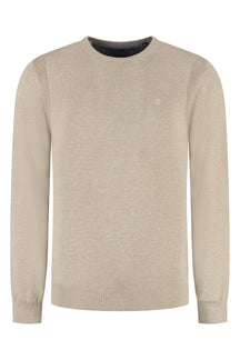 Chandail manches longues en tricot beige à col rond, vue de face avec bordures côtelées pour homme par Fellows