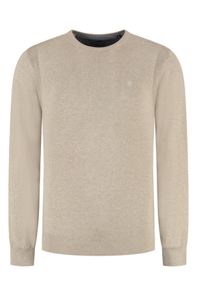 Men's beige crewneck knit long-sleeve knit sweater front view with ribbed trim and small chest logo by Fellows