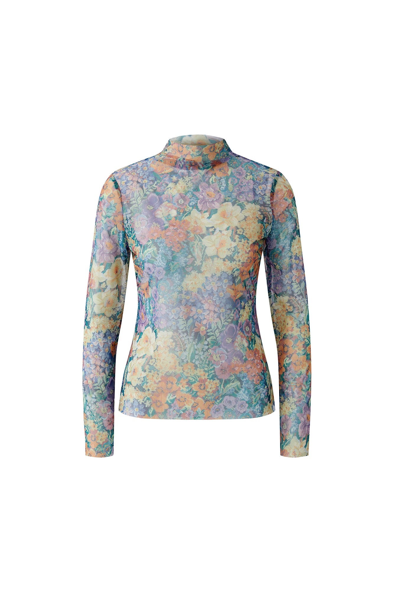 Isolated front view of women's multicolor floral mock neck long sleeve T-Shirt in sheer mesh by Oui