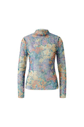Isolated front view of women's multicolor floral mock neck long sleeve T-Shirt in sheer mesh by Oui