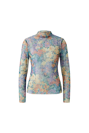 Isolated front view of women's multicolor floral mock neck long sleeve T-Shirt in sheer mesh by Oui