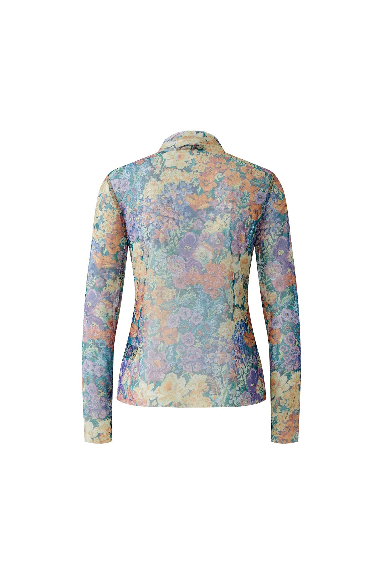 Oui women's multicolor floral mock neck long sleeve T-Shirt with fitted sleeves, isolated back view