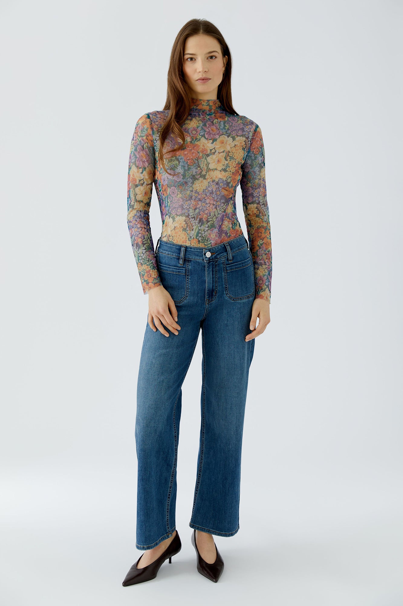 Oui women's multicolor floral mock neck long sleeve T-Shirt with sheer mesh look shown from the front