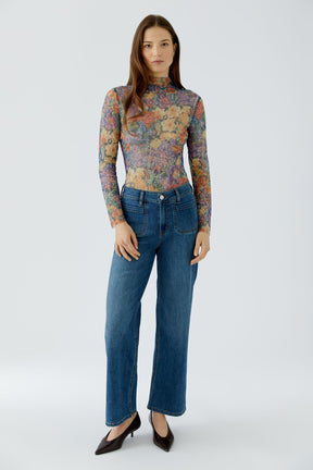 Oui women's multicolor floral mock neck long sleeve T-Shirt with sheer mesh look shown from the front