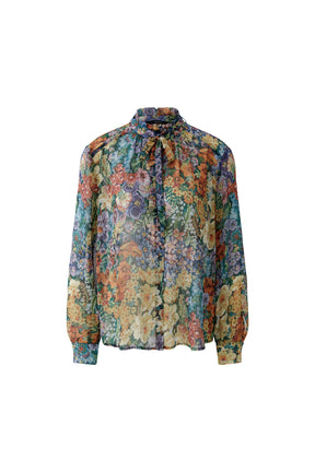 Oui women's multicolor floral long-sleeve blouse with tie neck, buttons, and wide cuffs, isolated front view