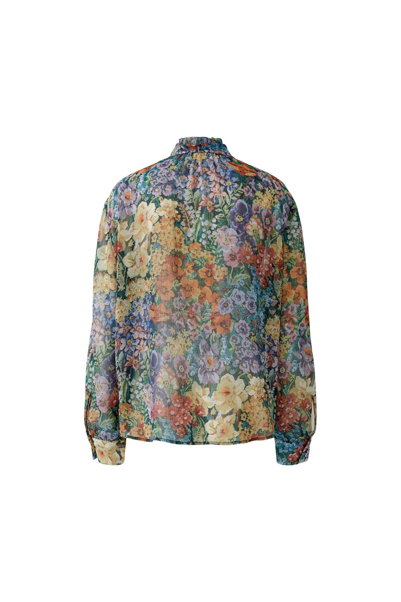 Oui women's multicolor floral long-sleeve blouse with tie neck, buttons, and wide cuffs, isolated front view