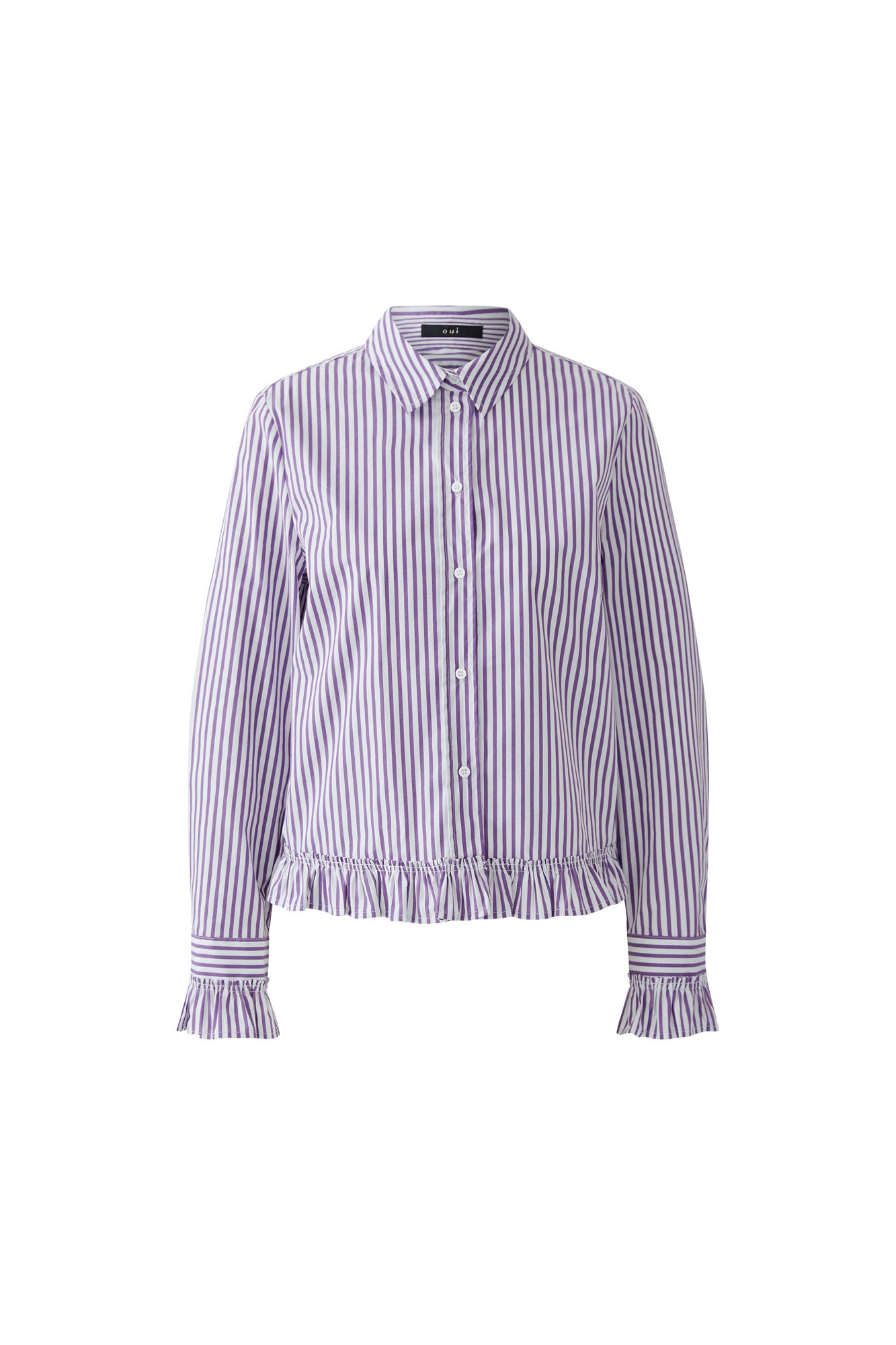 Oui women's white and purple striped long-sleeve blouse with buttons and ruffled hem, isolated front view