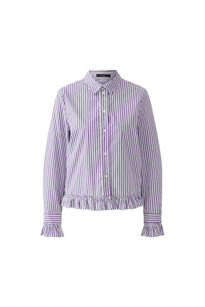 Oui women's white and purple striped long-sleeve blouse with buttons and ruffled hem, isolated front view