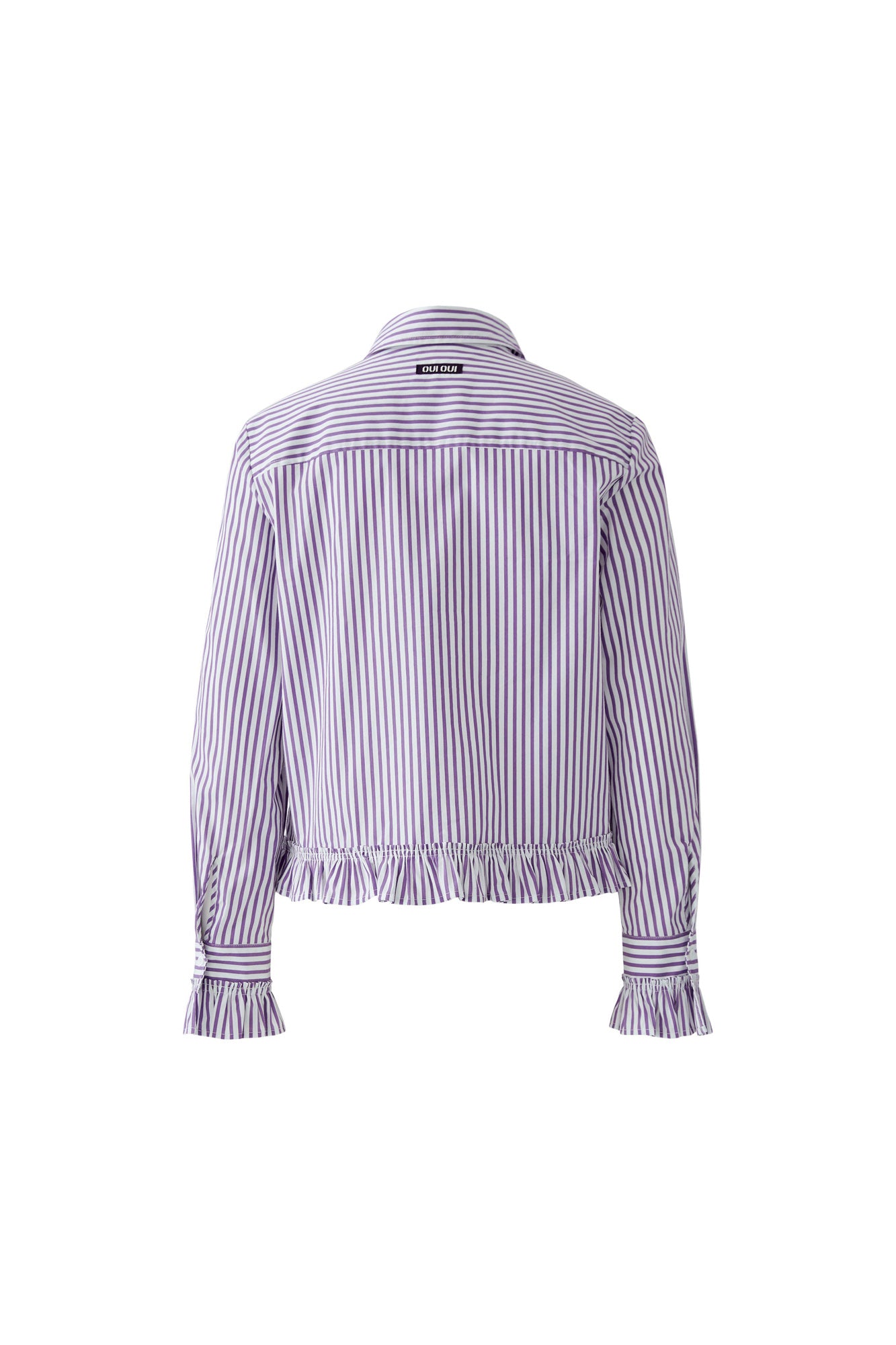 Oui women's white and purple striped long-sleeve blouse with buttons and ruffled hem, isolated front view