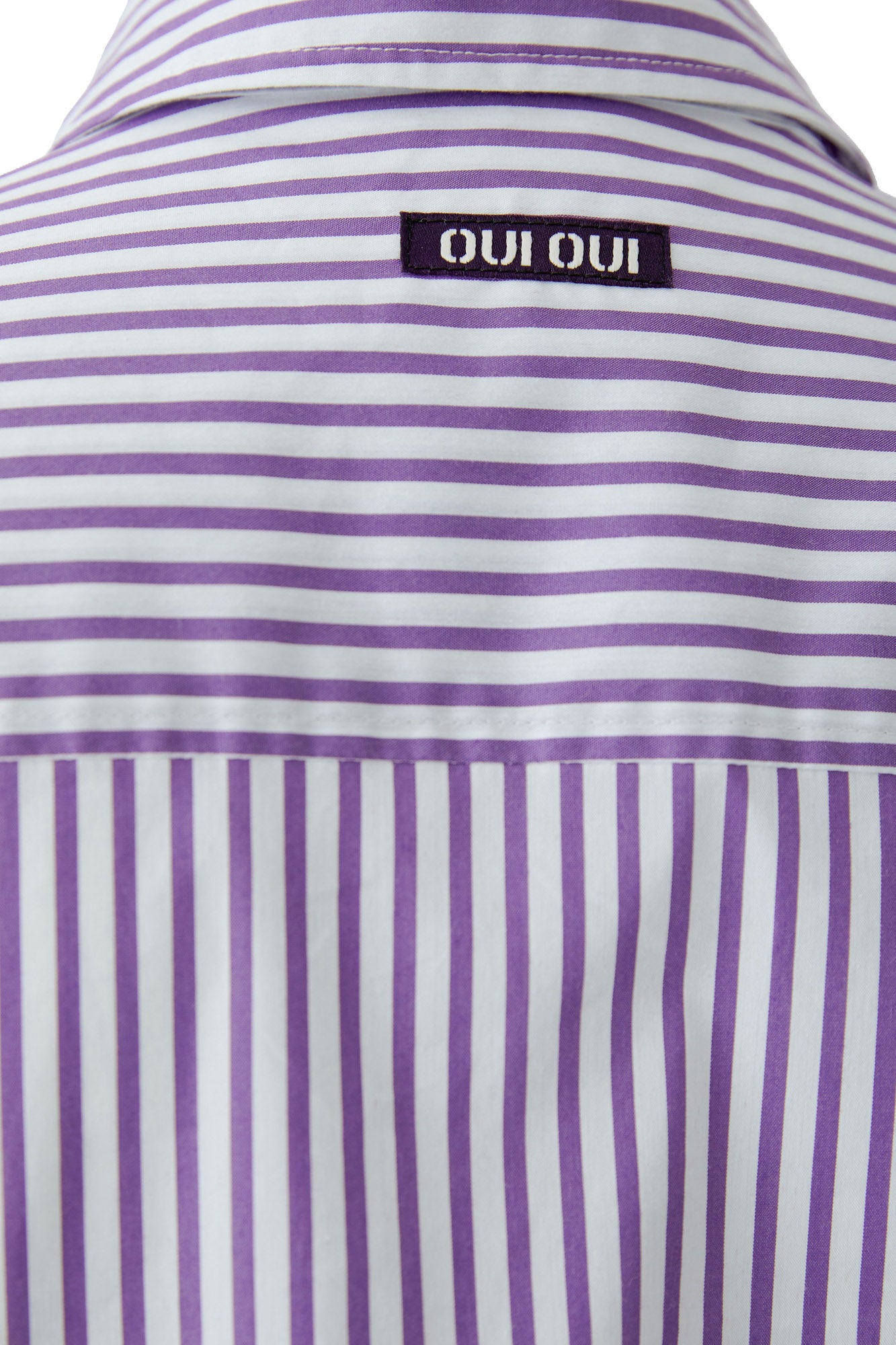 Oui women's back neck patch on white and purple striped long-sleeve blouse with horizontal yoke stripes, close-up