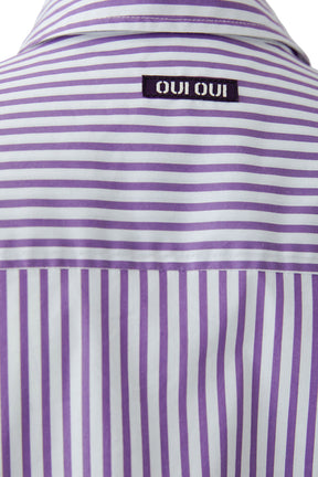 Oui women's back neck patch on white and purple striped long-sleeve blouse with horizontal yoke stripes, close-up