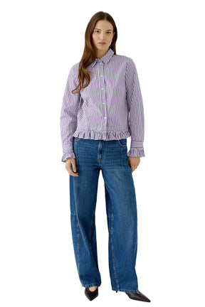 Oui women's close front view of white and purple striped long-sleeve blouse with button placket and ruffled cuffs