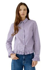 Oui women's close front view of white and purple striped long-sleeve blouse with button placket and ruffled cuffs