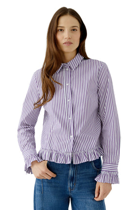 Oui women's close front view of white and purple striped long-sleeve blouse with button placket and ruffled cuffs