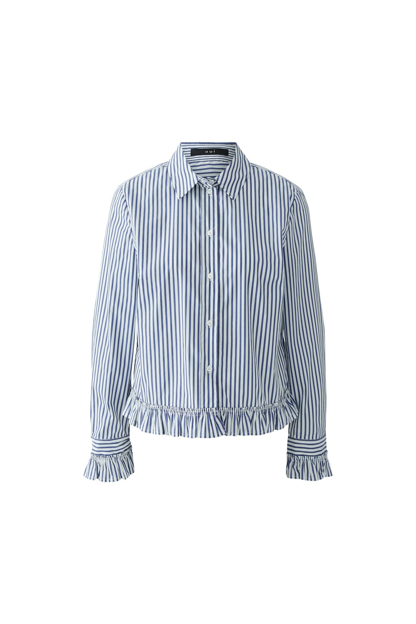 Oui women's blue and white striped button long-sleeve blouse with pointed collar and ruffle hem, front product view