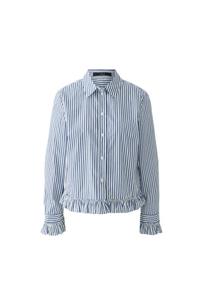 Oui women's blue and white striped button long-sleeve blouse with pointed collar and ruffle hem, front product view