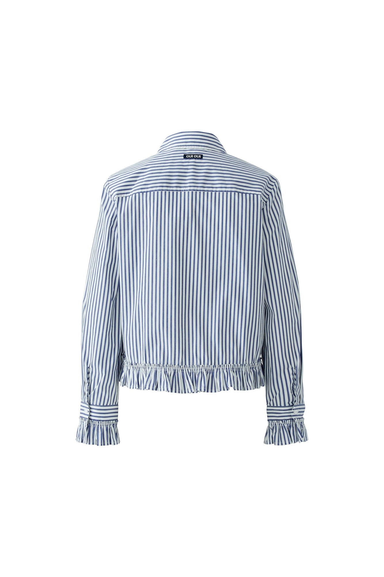 Oui women's blue and white striped long-sleeve blouse with horizontal yoke and gathered ruffle hem shown from the back