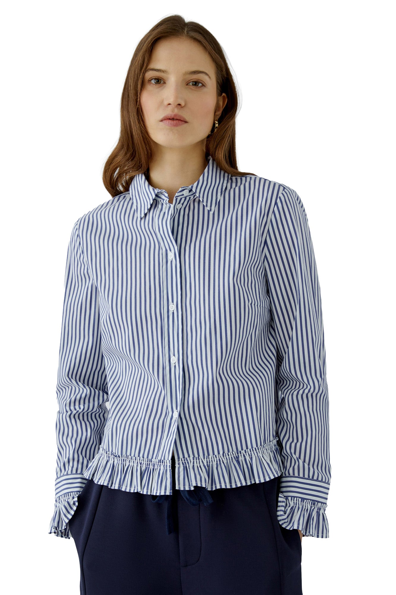 Oui women's blue and white striped button long-sleeve blouse with ruffle hem and ruffled cuffs, front model view