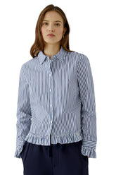 Oui women's blue and white striped button long-sleeve blouse with ruffle hem and ruffled cuffs, front model view