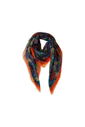 Oui women's isolated multicolor floral scarf draped in a loop with orange border and fringed edges