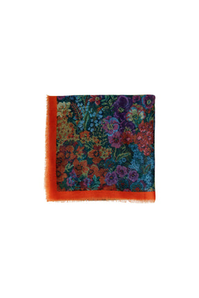 Women's flat folded multicolor floral scarf with orange border, fringe, and small orange logo by Oui