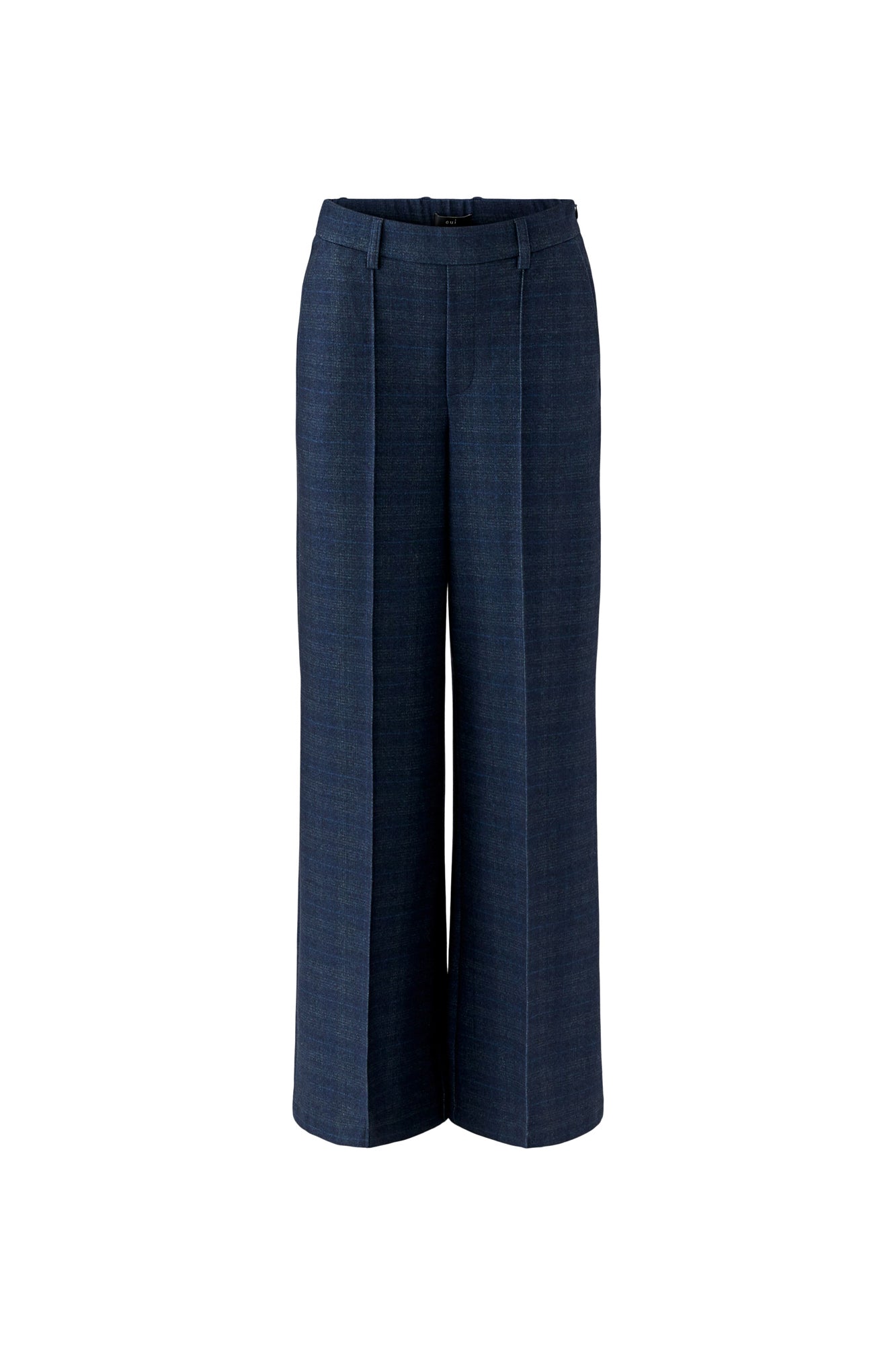 Oui women's dark navy wide-leg pants with belt loops and sharp pressed creases shown from the front